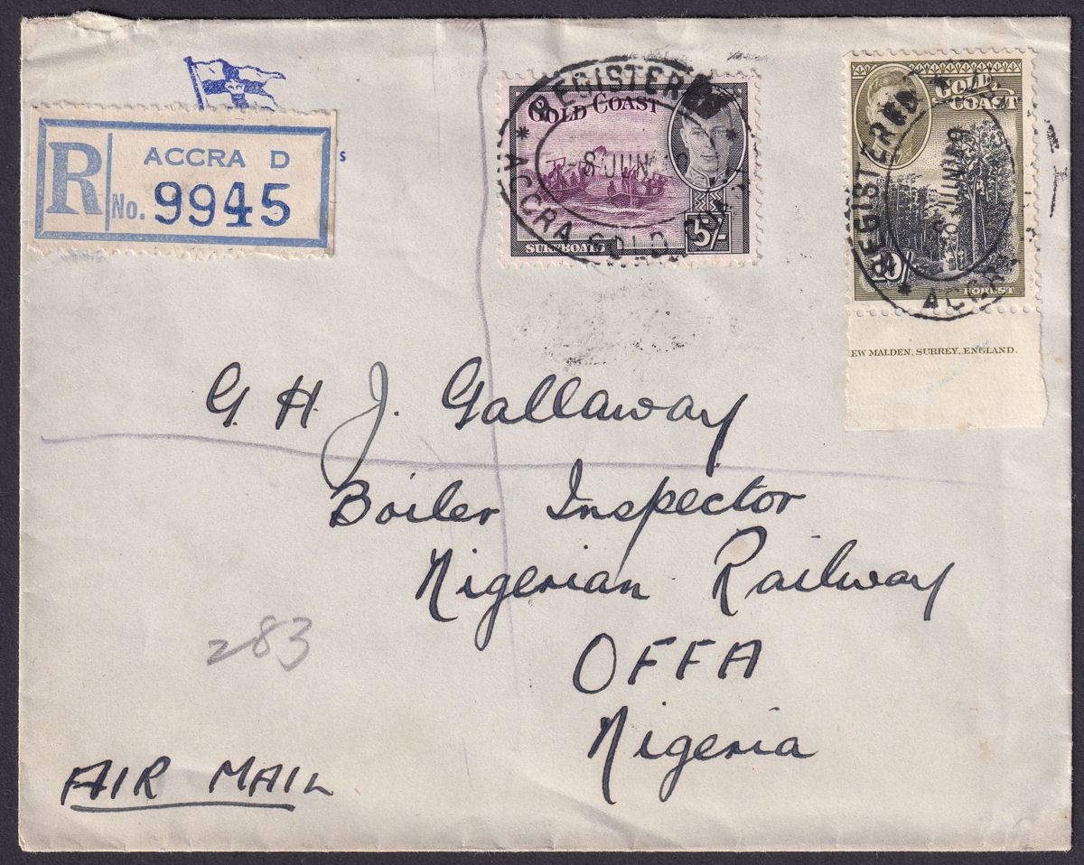 Gold Coast 1949 KGVI 10sh, 5sh Used on Registered Airmail Cover Accra to Nigeria