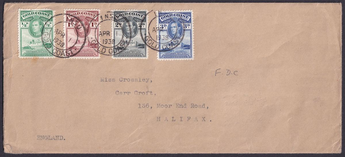 Gold Coast 1938 KGVI Christiansborg 3d, 2d, 1d, ½d First Day Cover INSU to UK