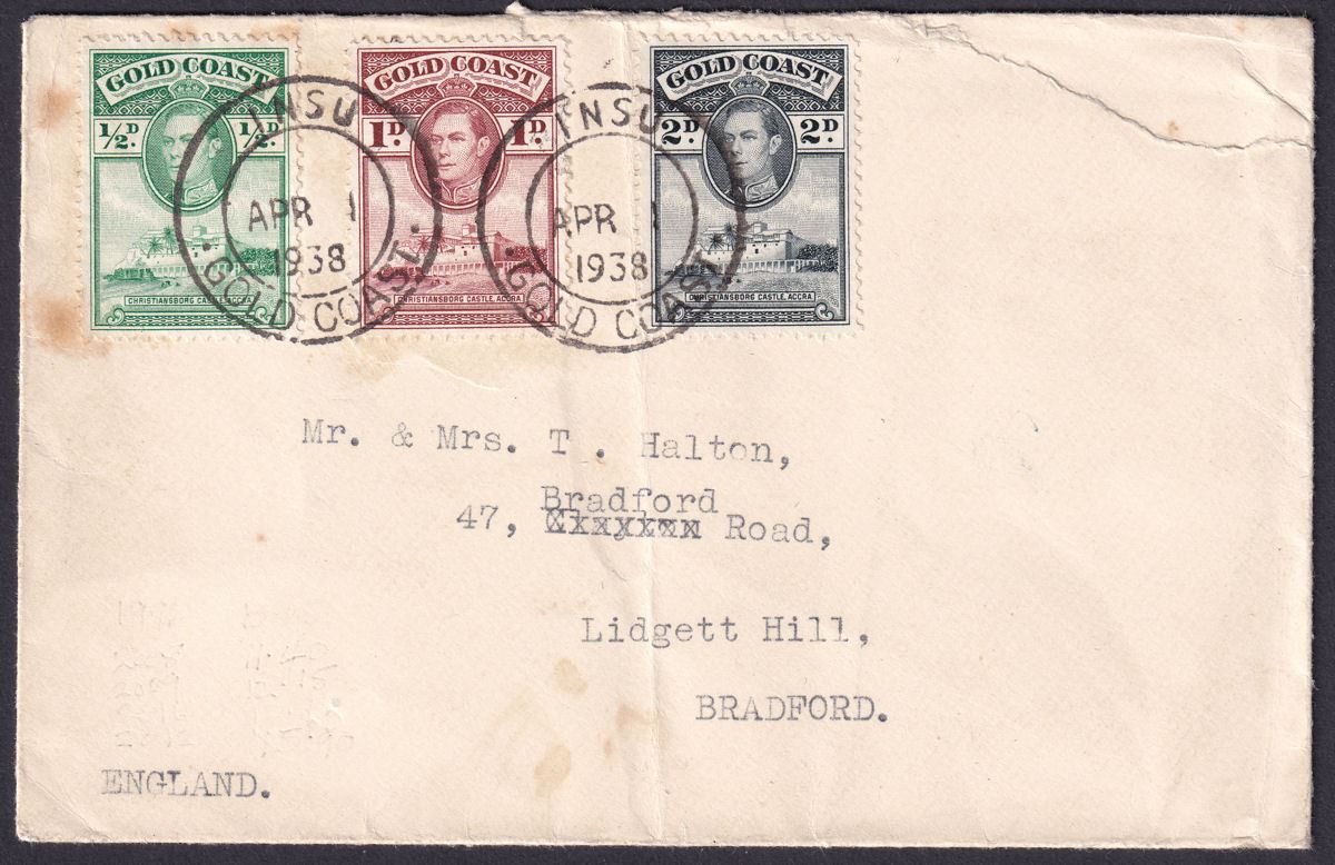 Gold Coast 1938 KGVI Christiansborg 2d, 1d, ½d First Day Cover INSU to UK