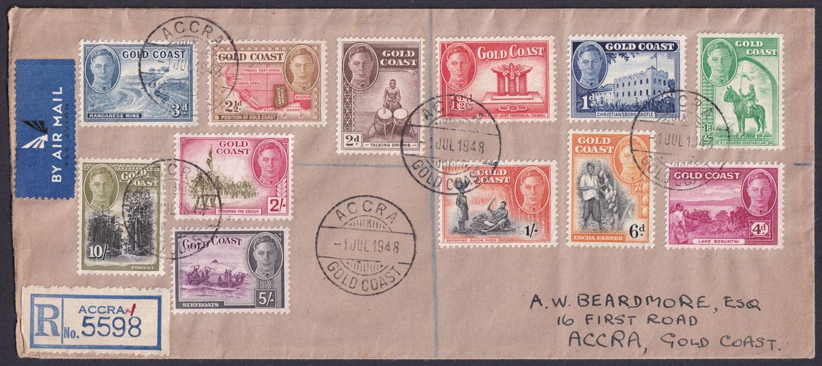 Gold Coast 1948 KGVI Definitives Set Used on Registered First Day Cover