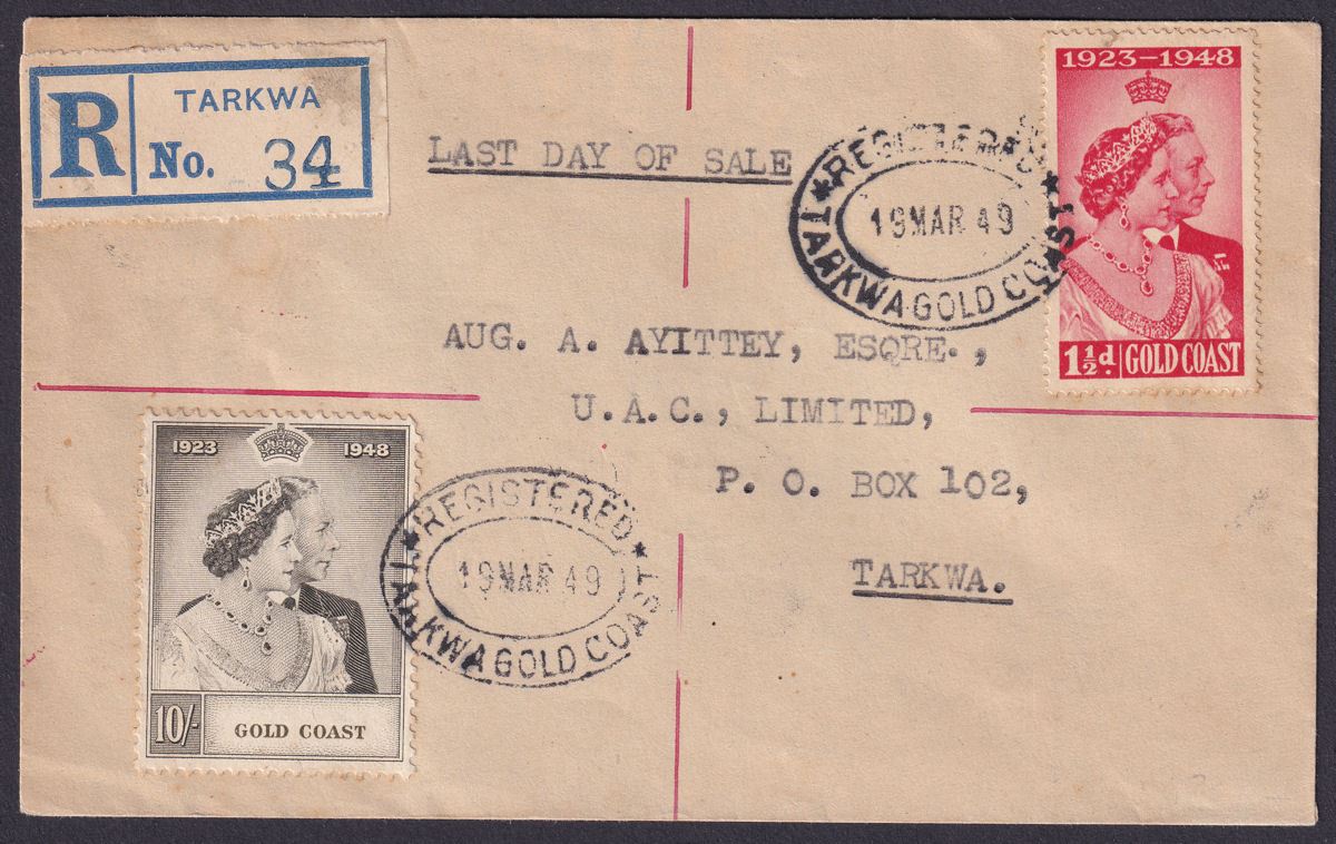 Gold Coast 1949 KGVI Royal Silver Wedding Registered Last Day Cover Used TARKWA