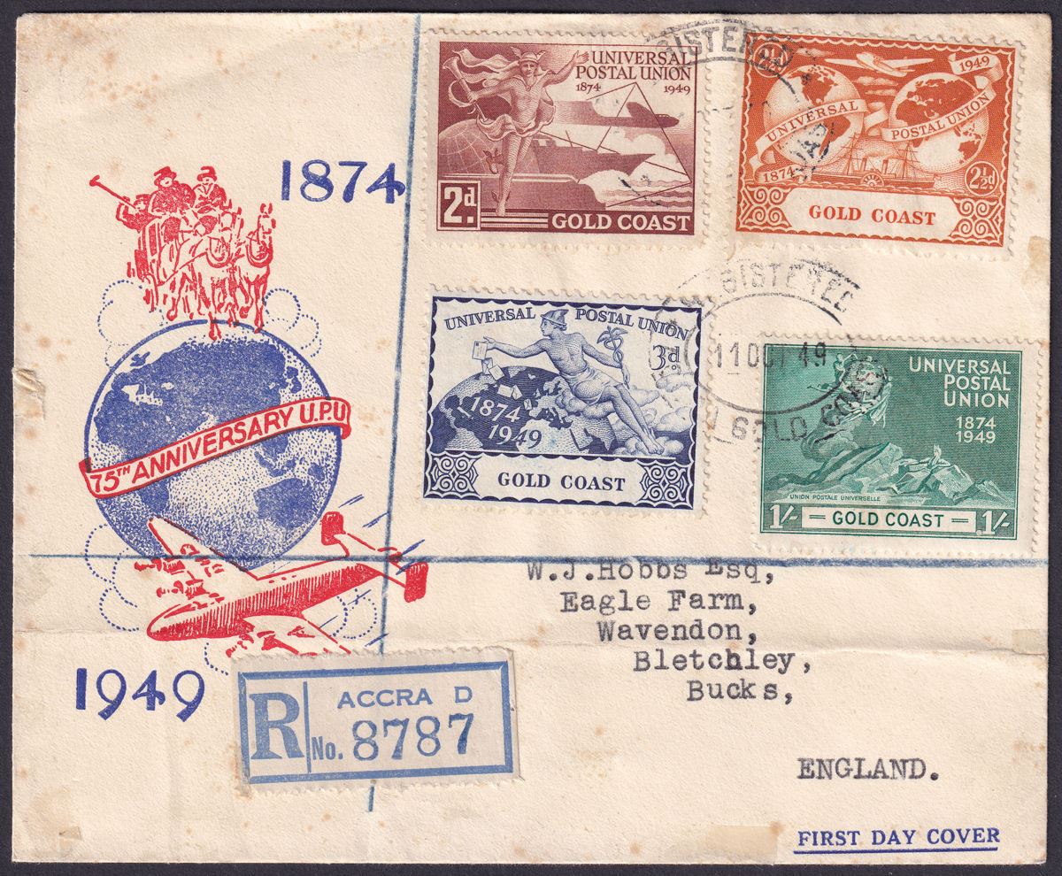 Gold Coast 1949 KGVI 75th Anniv of UPU Illustrated Registered Cover Used ACCRA