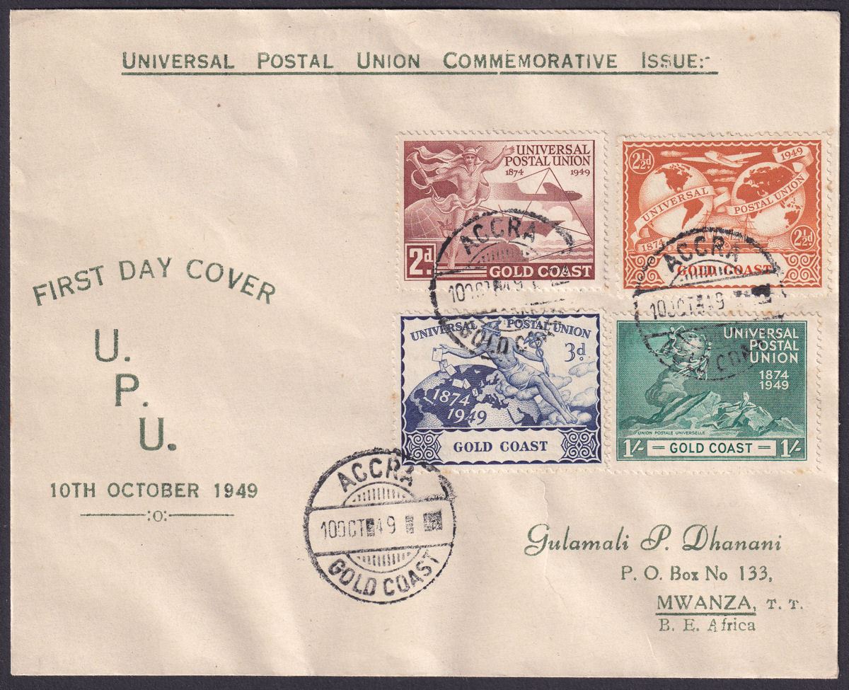 Gold Coast 1949 KGVI 75th Anniv of UPU Commemorative First Day Cover Used ACCRA