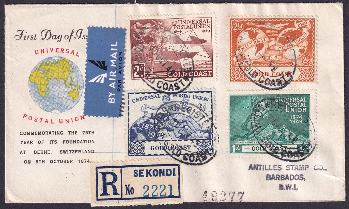 Gold Coast 1949 KGVI 75th Anniv of UPU Registered First Day Cover Used SEKONDI