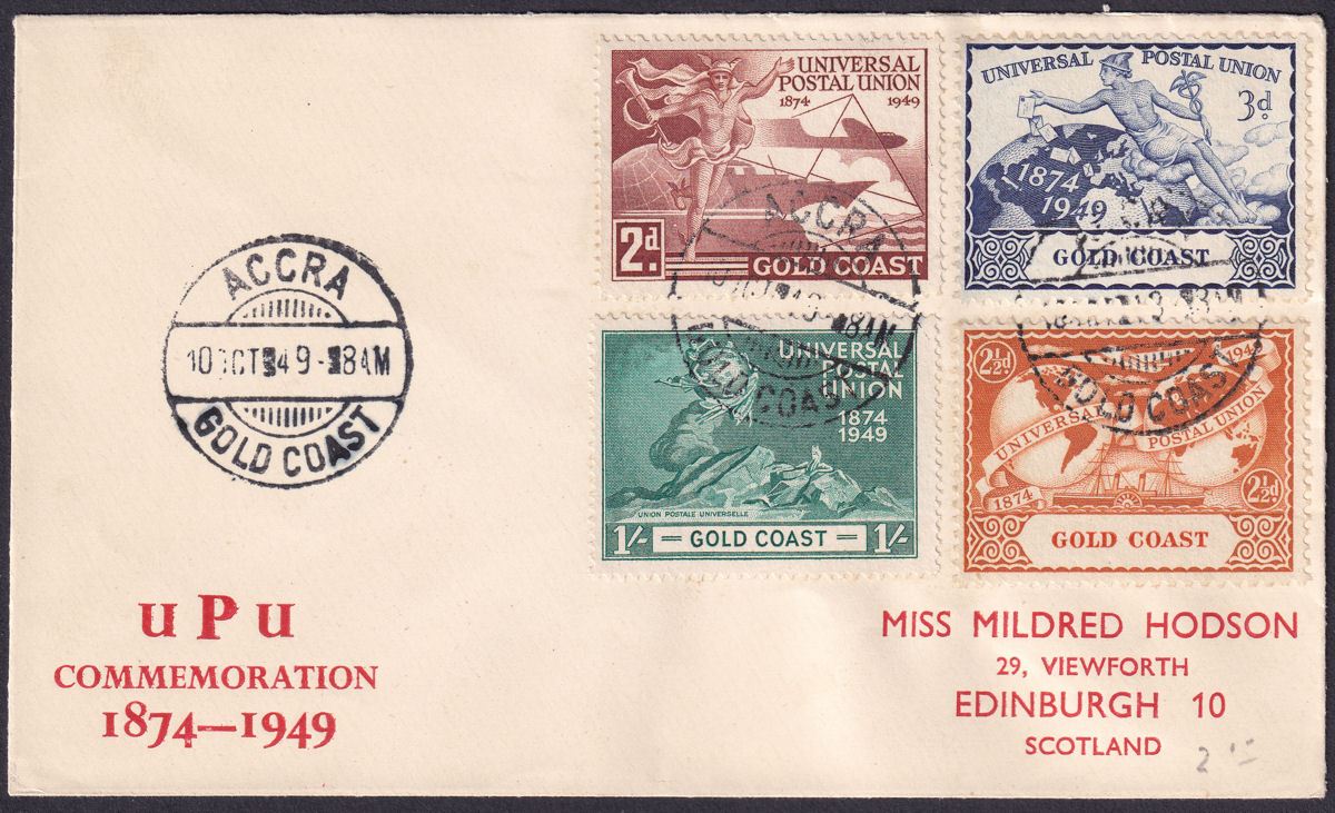 Gold Coast 1949 KGVI 75th Anniv of UPU First Day Cover Used ACCRA to Edinburgh