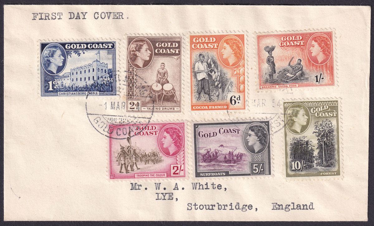 Gold Coast 1954 QEII Definitives Set to 10sh Used on First Day Cover to UK