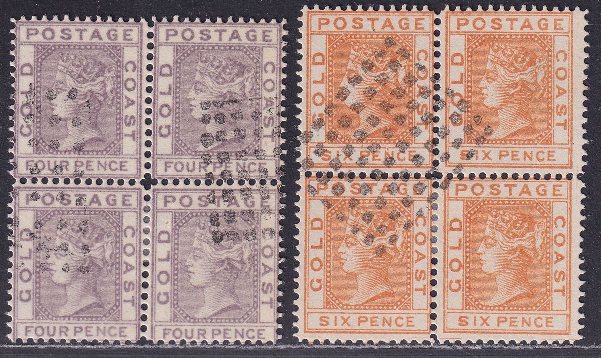 Gold Coast QV 4d Magenta, 6d Orange Blocks of 4 *Used* Spiro FORGERIES