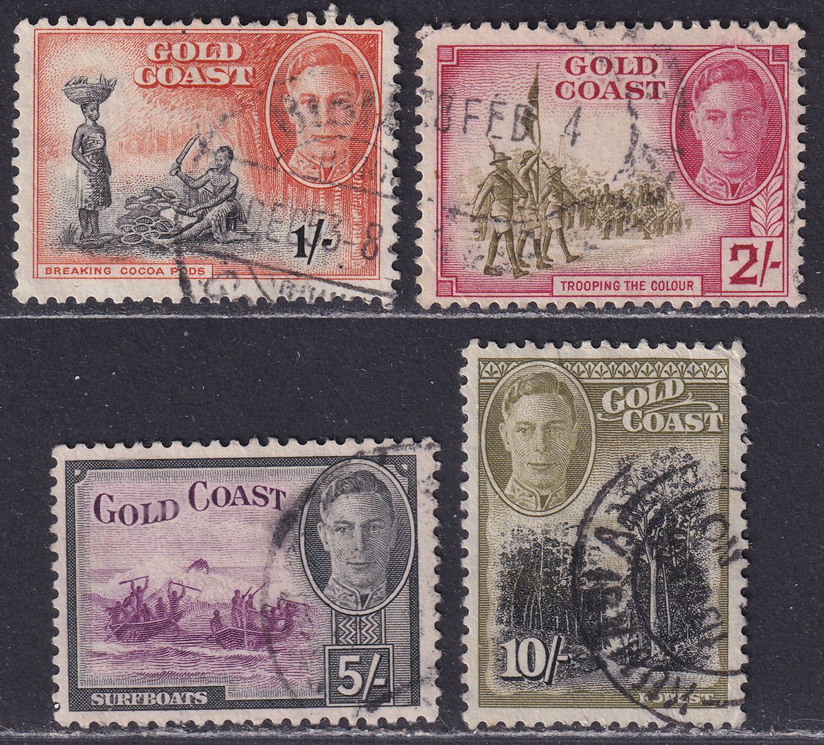 Gold Coast 1948 King George VI 1sh, 2sh, 5sh, 10sh Used SG143-146 cat £39