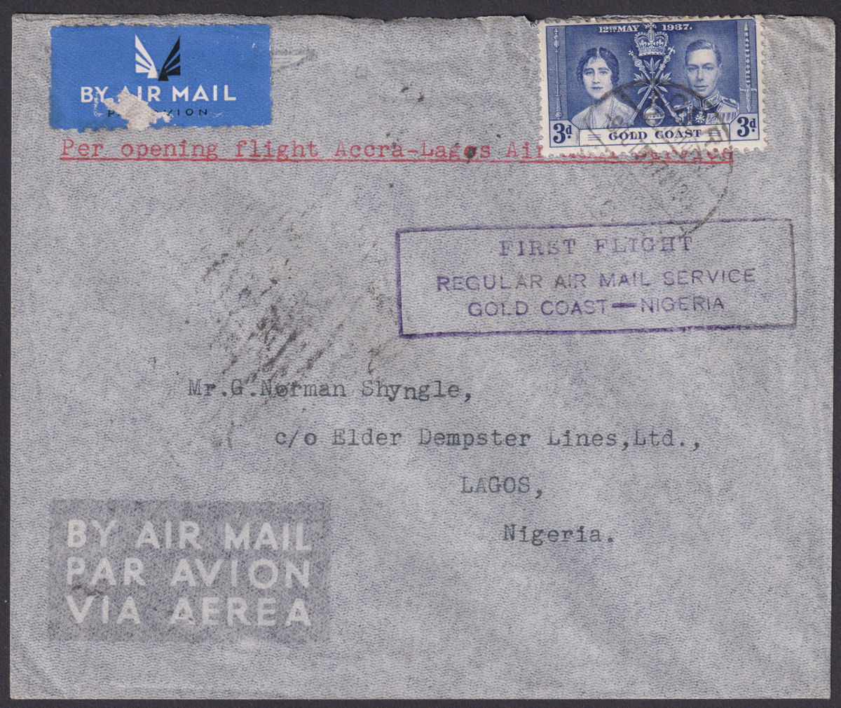 Gold Coast 1937 KGVI Coronation 3d Used on First Flight Cover ACCRA to LAGOS