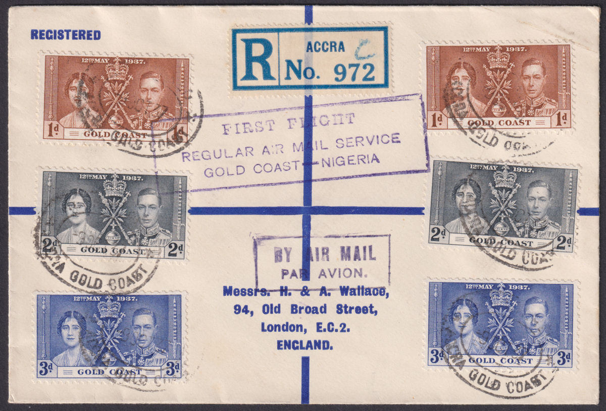 Gold Coast 1937 KGVI Coronation Set on Regd First Flight Cover ACCRA to LONDON