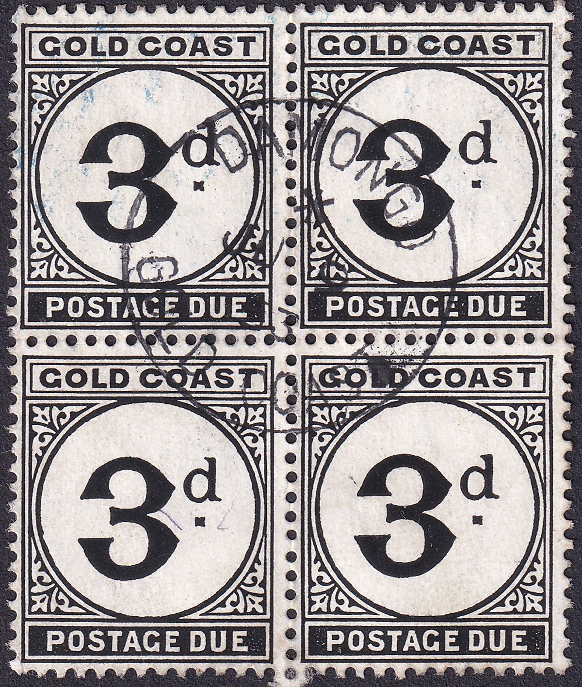 Gold Coast 1951 KGVI Postage Due 3d Black Block of 4 Used SG D6 cat £140