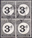 Gold Coast 1951 KGVI Postage Due 3d Black Block of 4 Used SG D6 cat £140