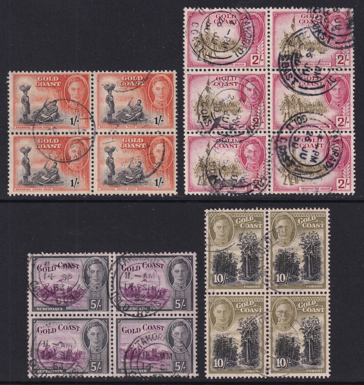 Gold Coast 1948 King George VI Part Set 1sh to 10sh Blocks Used SG143-146