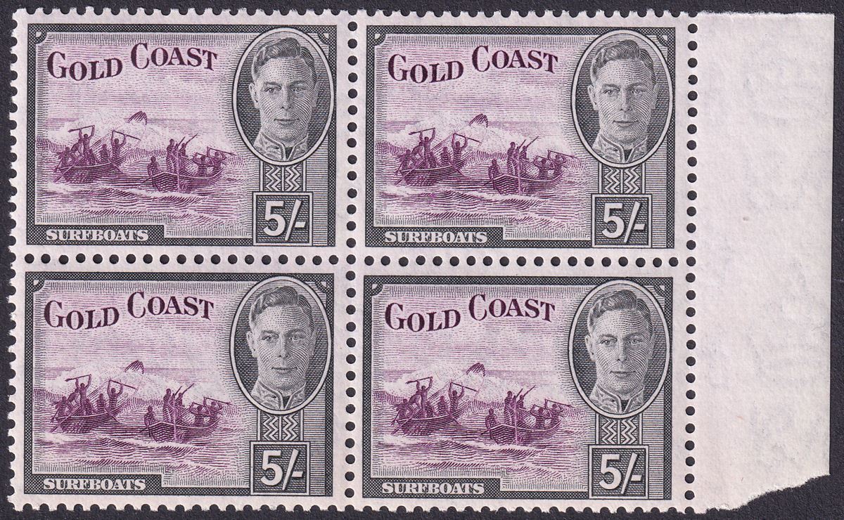 Gold Coast 1948 KGVI Surfboats 5sh Purple + Black Block of 4 Mint SG145 cat £192