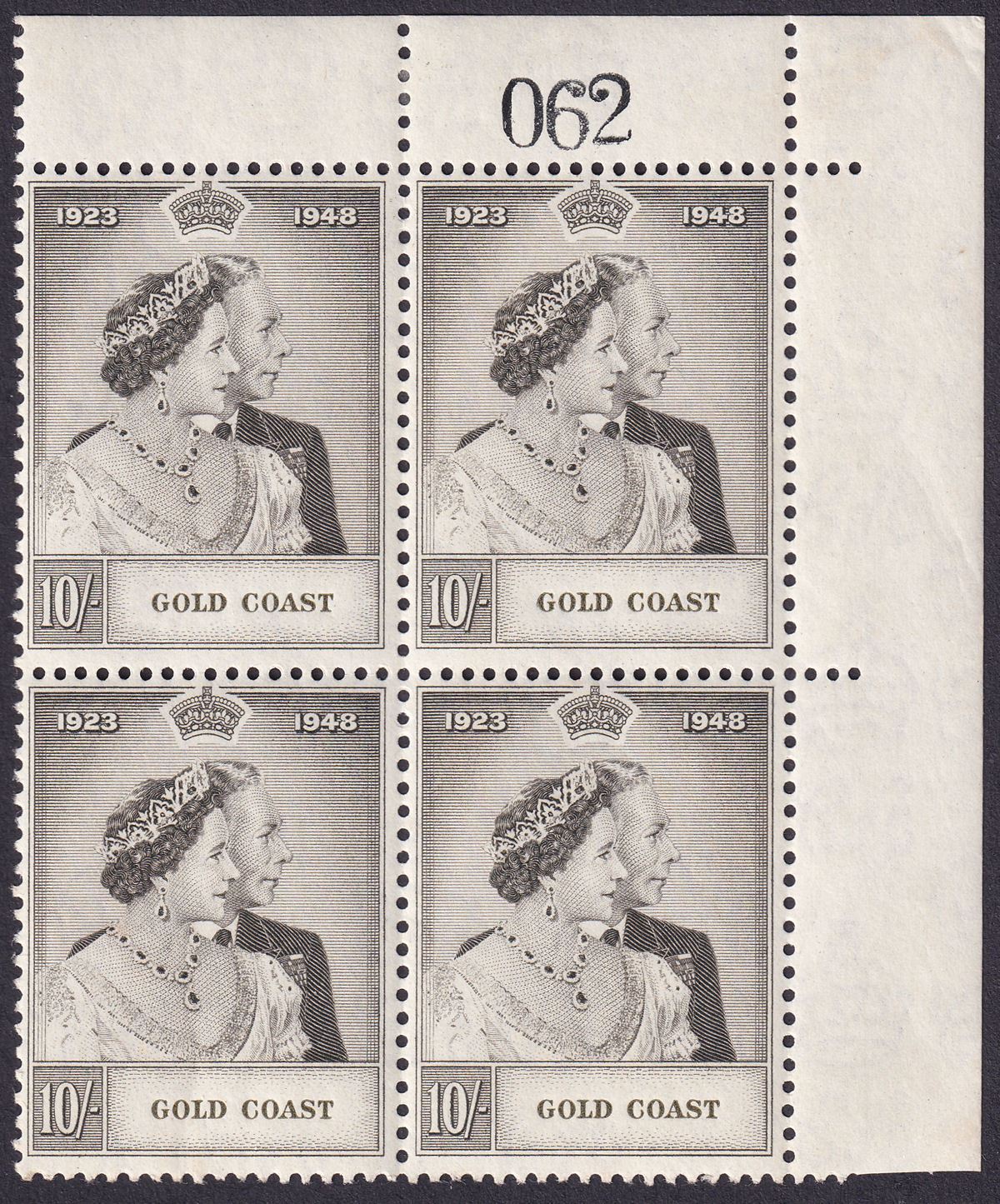 Gold Coast 1948 KGVI Royal Silver Wedding 10sh Block of 4 Mint SG148 cat £152