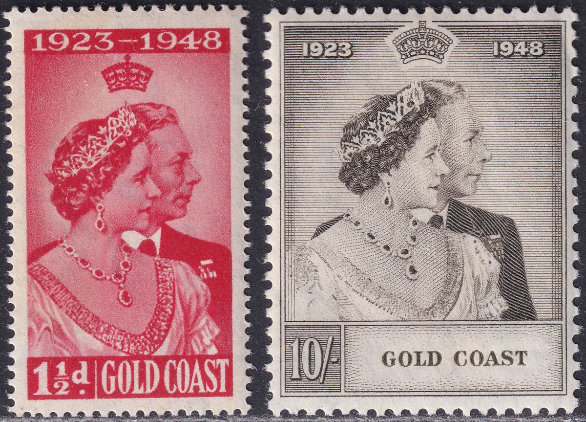 Gold Coast 1948 KGVI Royal Silver Wedding 1½d, 10sh Mint SG147-148 cat £38