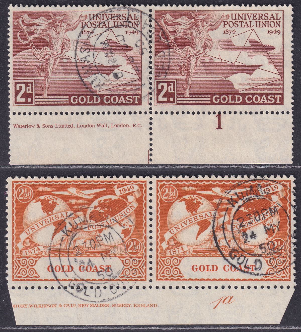 Gold Coast 1949 KGVI 75th Anniv UPU 2d, 2½d Imprint Plate Pairs Used SG149-150