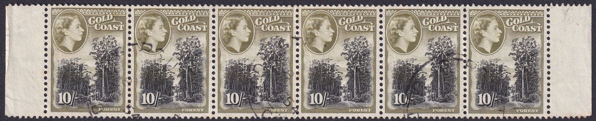 Gold Coast 1954 QEII 10sh Black and Olive-Green Strip of 6 Used SG164 cat £100