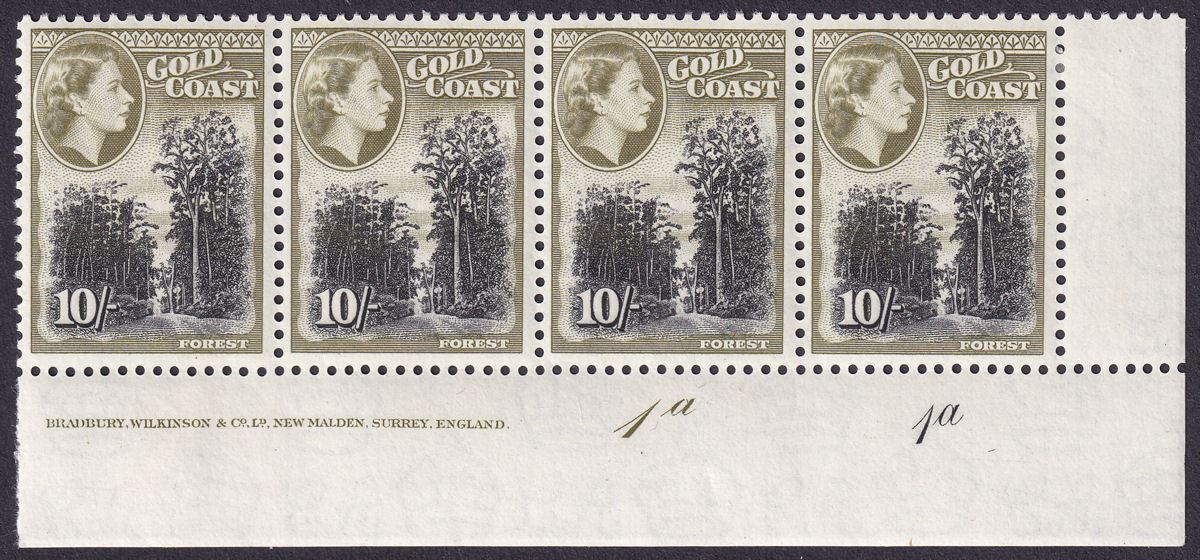 Gold Coast 1954 QEII 10sh Imprint Plate 1a 1a Strip of 4 Mint SG164 cat £150