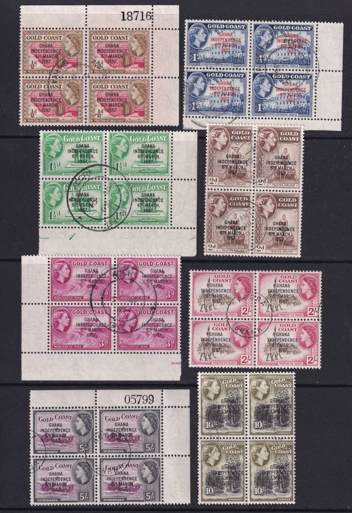 Ghana 1957 Independence Overprint Part Block Set to 10sh Used