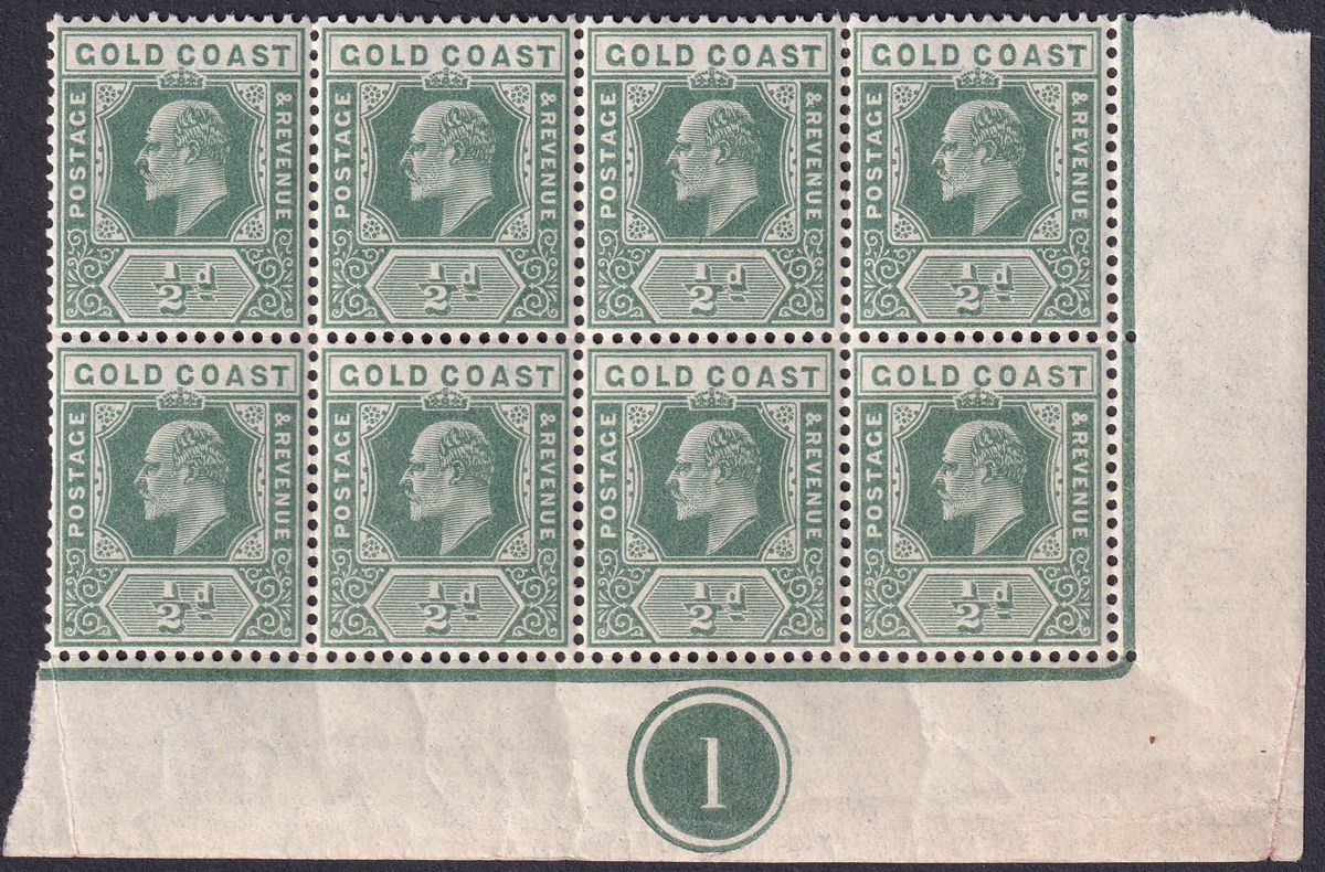 Gold Coast 1907 KEVII ½d Dull Green Plate 1 Block of 8 Mint SG59 cat £112