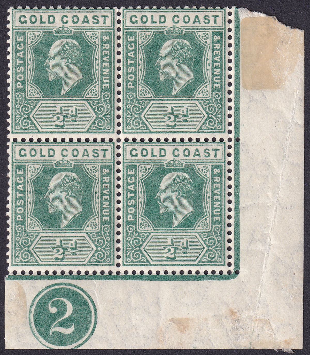 Gold Coast 1909 KEVII ½d Blue-Green Plate 2 Block of 4 Mint SG59b cat £80