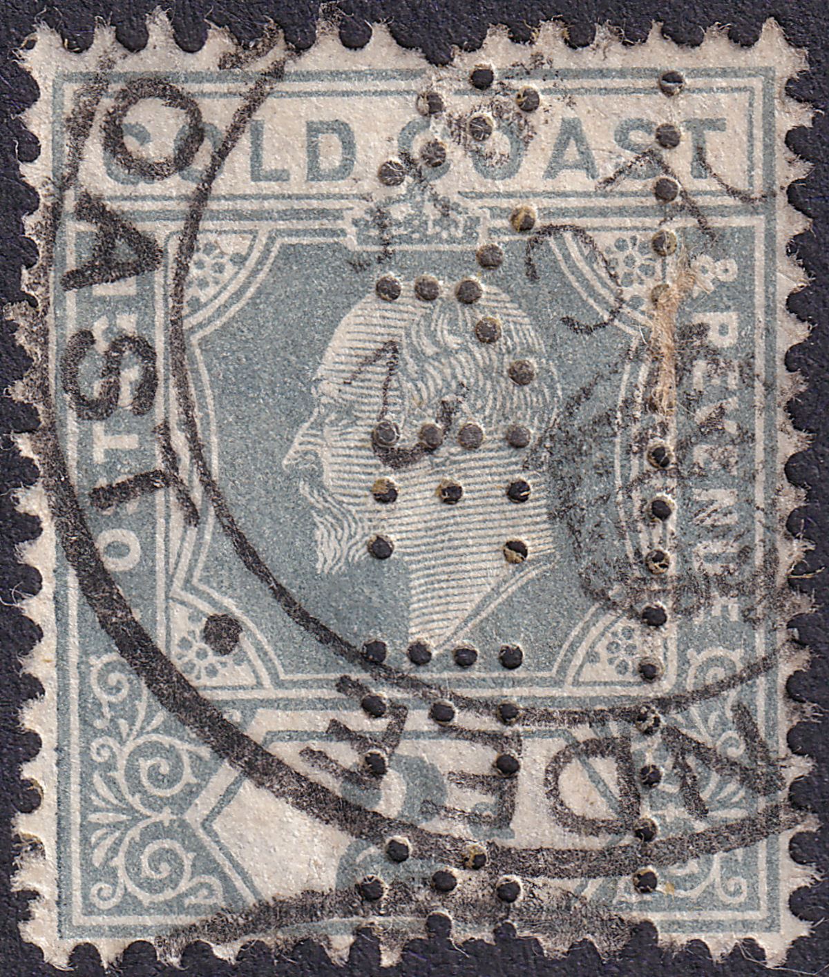 Gold Coast 1915 KEVII 2d Greyish Slate Perfin Used w SECCONDEE Crown Postmark