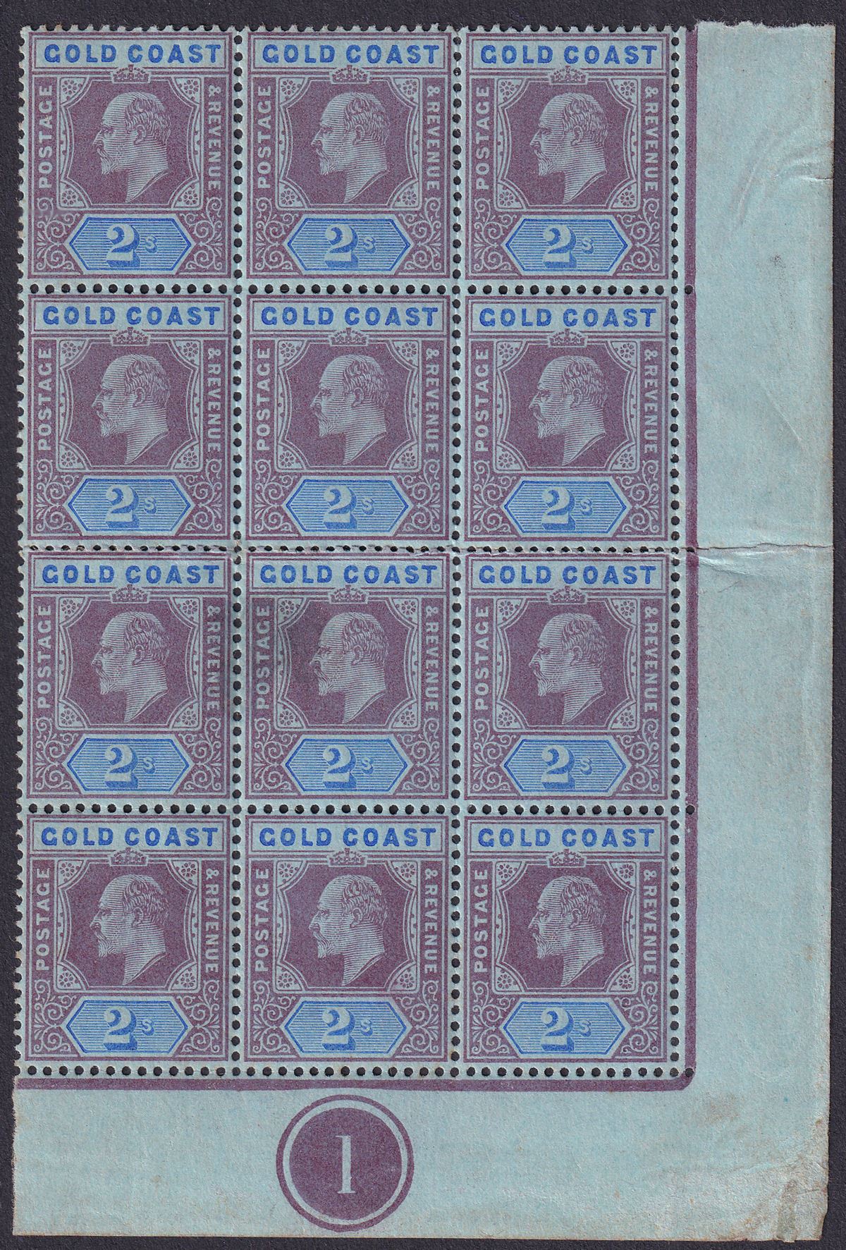 Gold Coast 1910 KEVII 2sh Purple and Blue on Blue Plate 1 Block of 12 Mint SG66