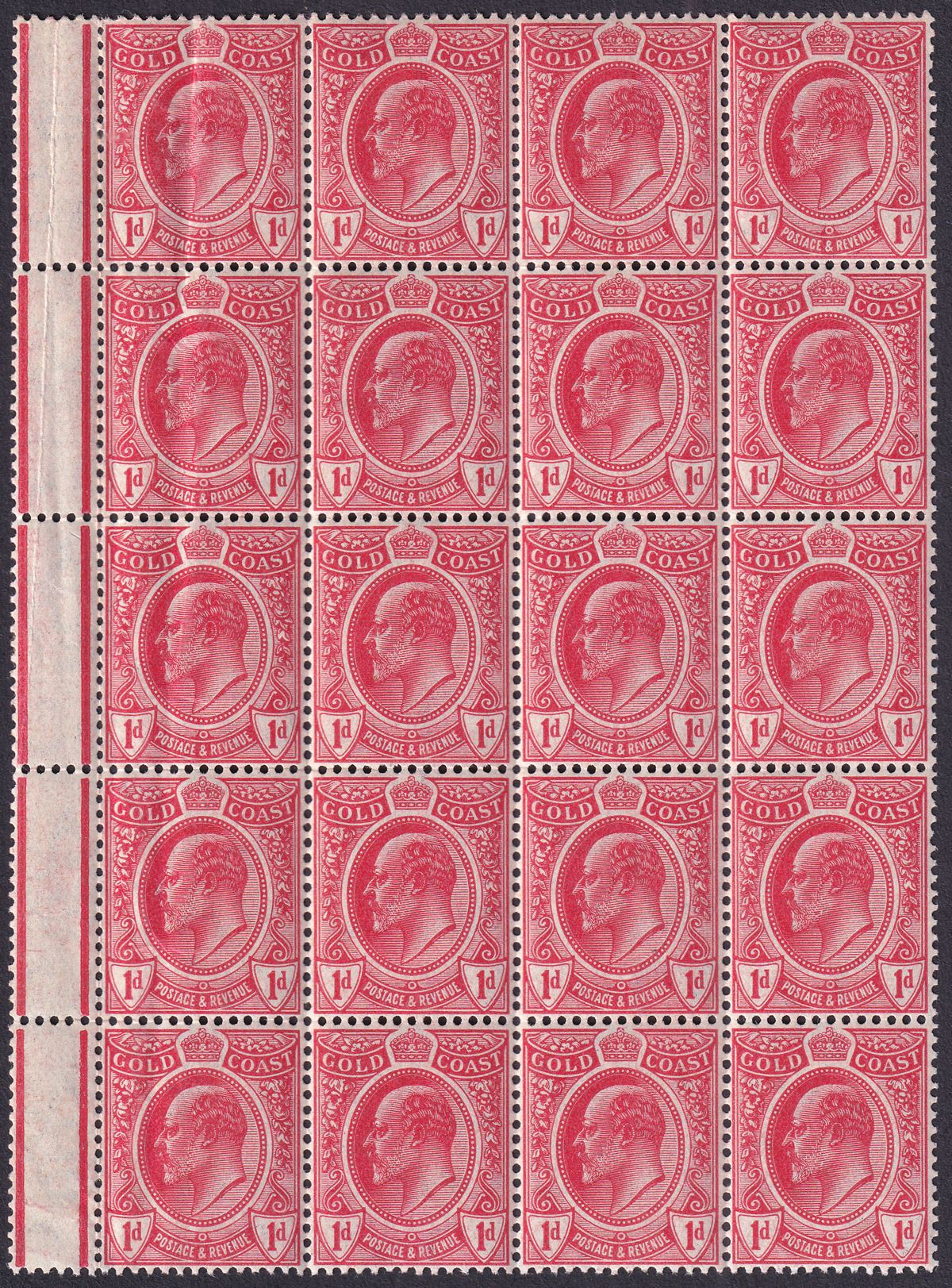 Gold Coast 1908 KEVII 1d Red Block of 20 Mint SG70 cat £200 with crease