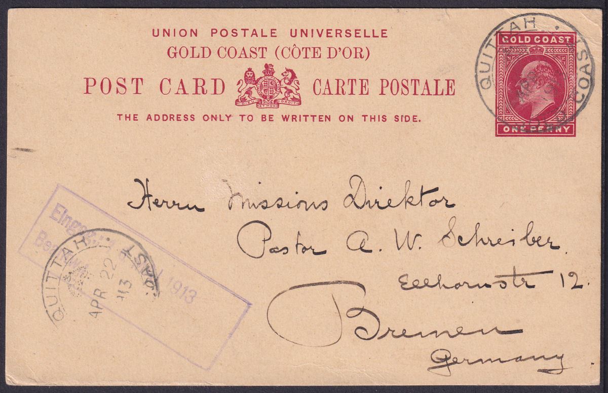 Gold Coast 1913 KEVII 1d Postal Stationery Postcard Used QUITTAH to Germany