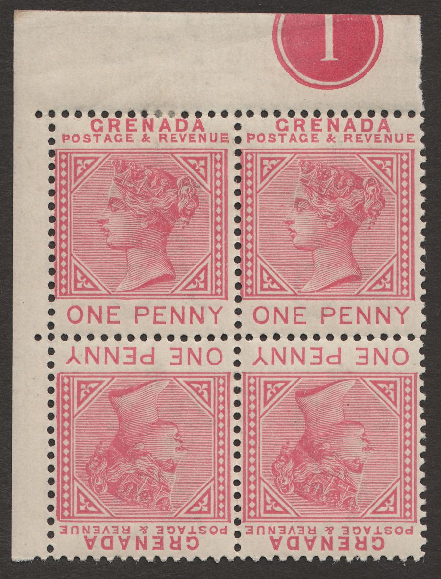 Grenada 1887 QV Postage and Revenue 1d Corner Four Tete-Beche Block Mint SG40