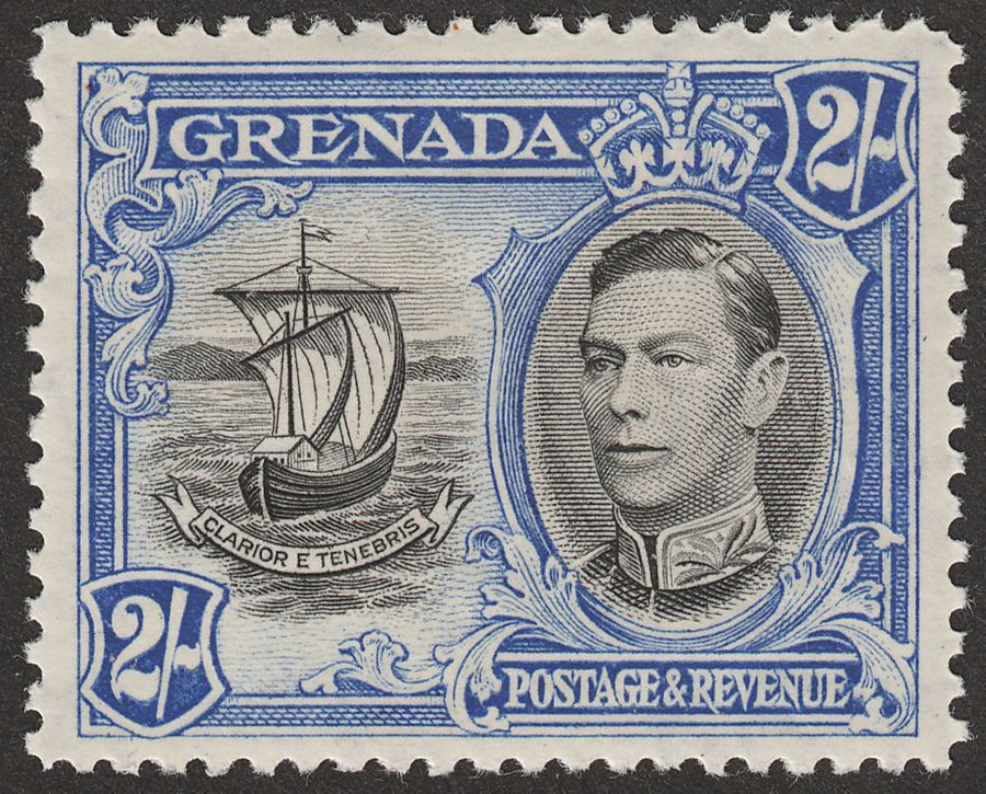 Grenada 1943 KGVI 2sh Black and Bright Ultramarine p12½ Mint SG161 var