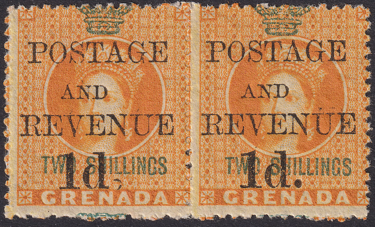 Grenada 1891 QV Opt 1d on 2sh No Stop Variety in Pair Mint SG45a cat £575 RPSL