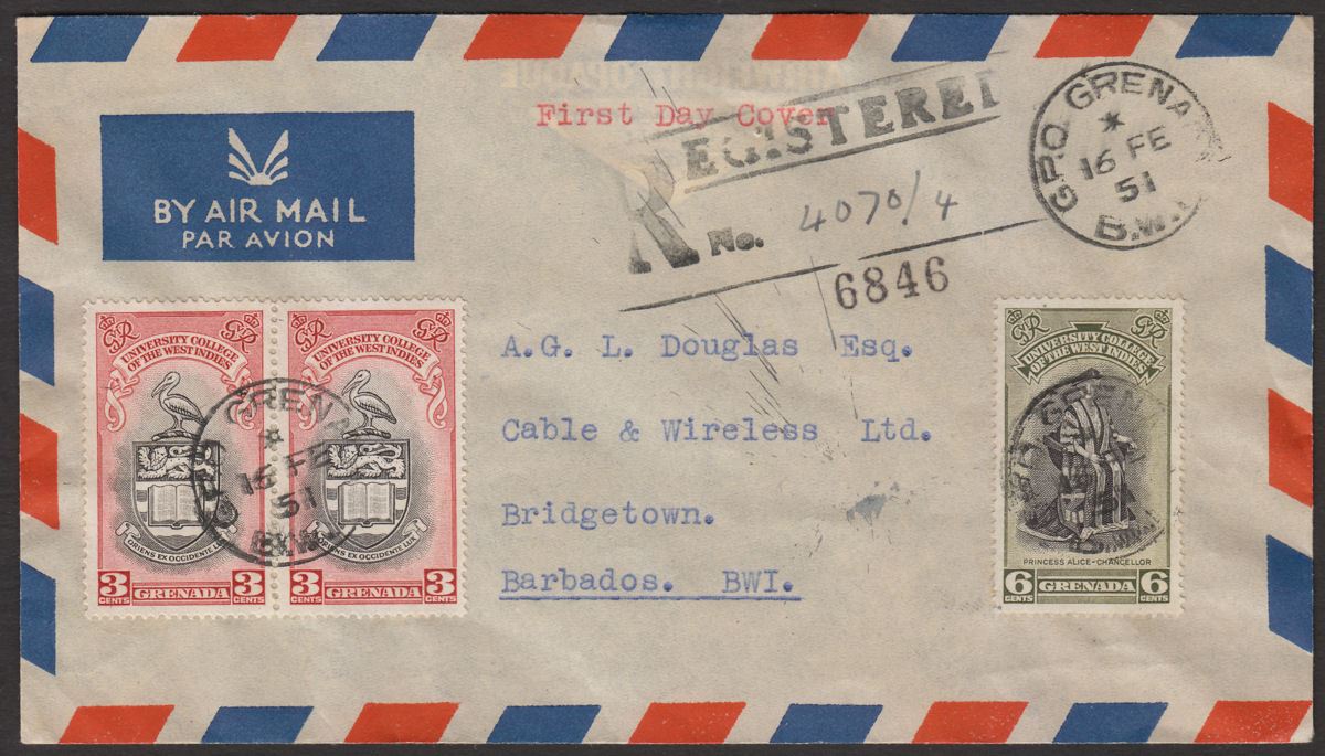 Grenada 1951 KGVI BWI 6c, 3c x2 Registered Airmail First Day Cover Used