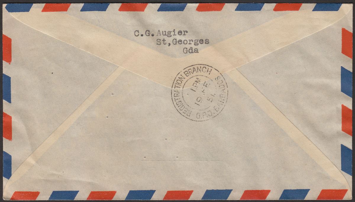 Grenada 1951 KGVI BWI 6c, 3c x2 Registered Airmail First Day Cover Used