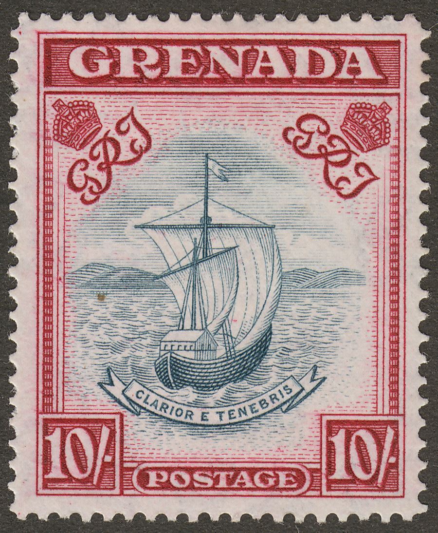 Grenada 1944 KGVI 10sh Slate-Blue and Carmine Lake p14 Mint SG163d