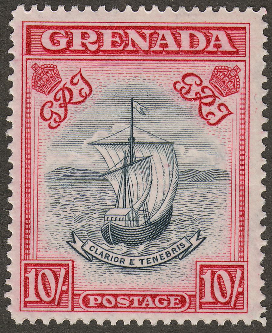 Grenada 1943 KGVI 10sh Deep Slate and Bright Carmine p14 Mint SG163e