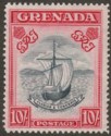 Click for more photos and details Grenada 1943 KGVI 10sh Deep Slate and Bright Carmine p14 Mint SG163e