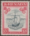 Click for more photos and details Grenada 1944 KGVI 10sh Grey-Black and Carmine p14 Mint SG163e