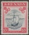 Click for more photos and details Grenada 1947 KGVI 10sh Blue-Black and Bright Carmine p14 Mint SG163f
