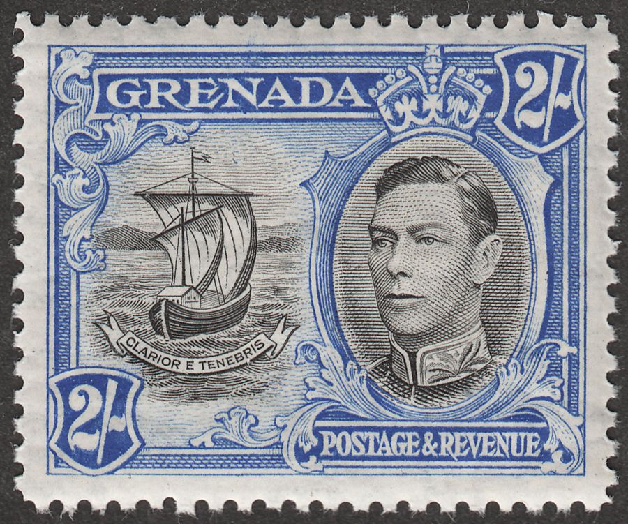 Grenada 1943 KGVI 2sh Black and Bright Ultramarine p12½ Mint SG161 var