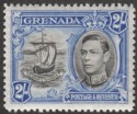 Click for more photos and details Grenada 1943 KGVI 2sh Black and Bright Ultramarine p12½ Mint SG161 var