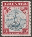 Click for more photos and details Grenada 1944 KGVI 10sh Slate-Blue and Carmine Lake p14 Used SG163d