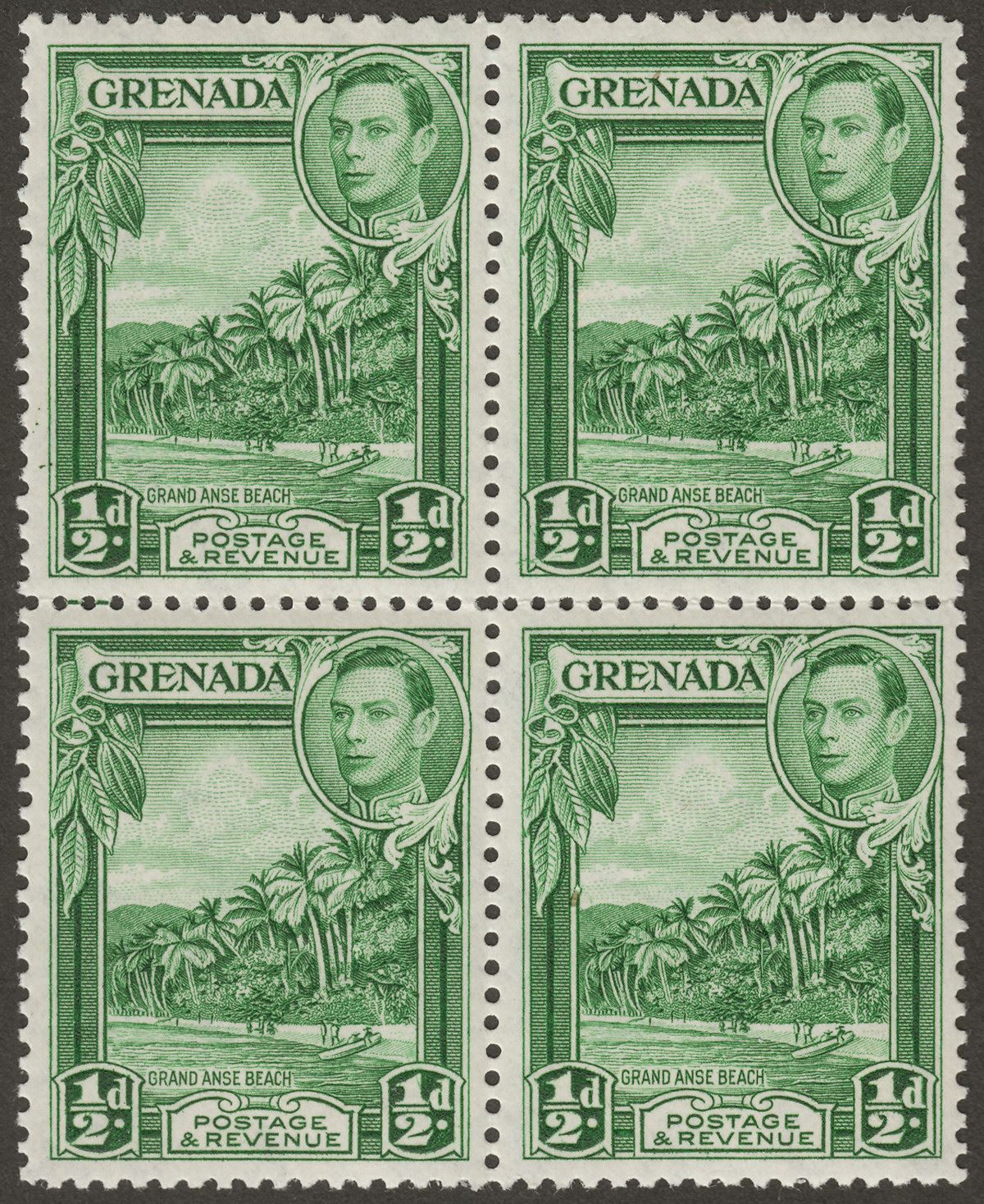 Grenada 1938 KGVI ½d YellowGreen p12½ Block of Four Mint SG153