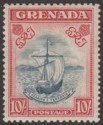 Click for more photos and details Grenada 1938 KGVI 10sh Steel Blue and Carmine p12x13 Mint SG163
