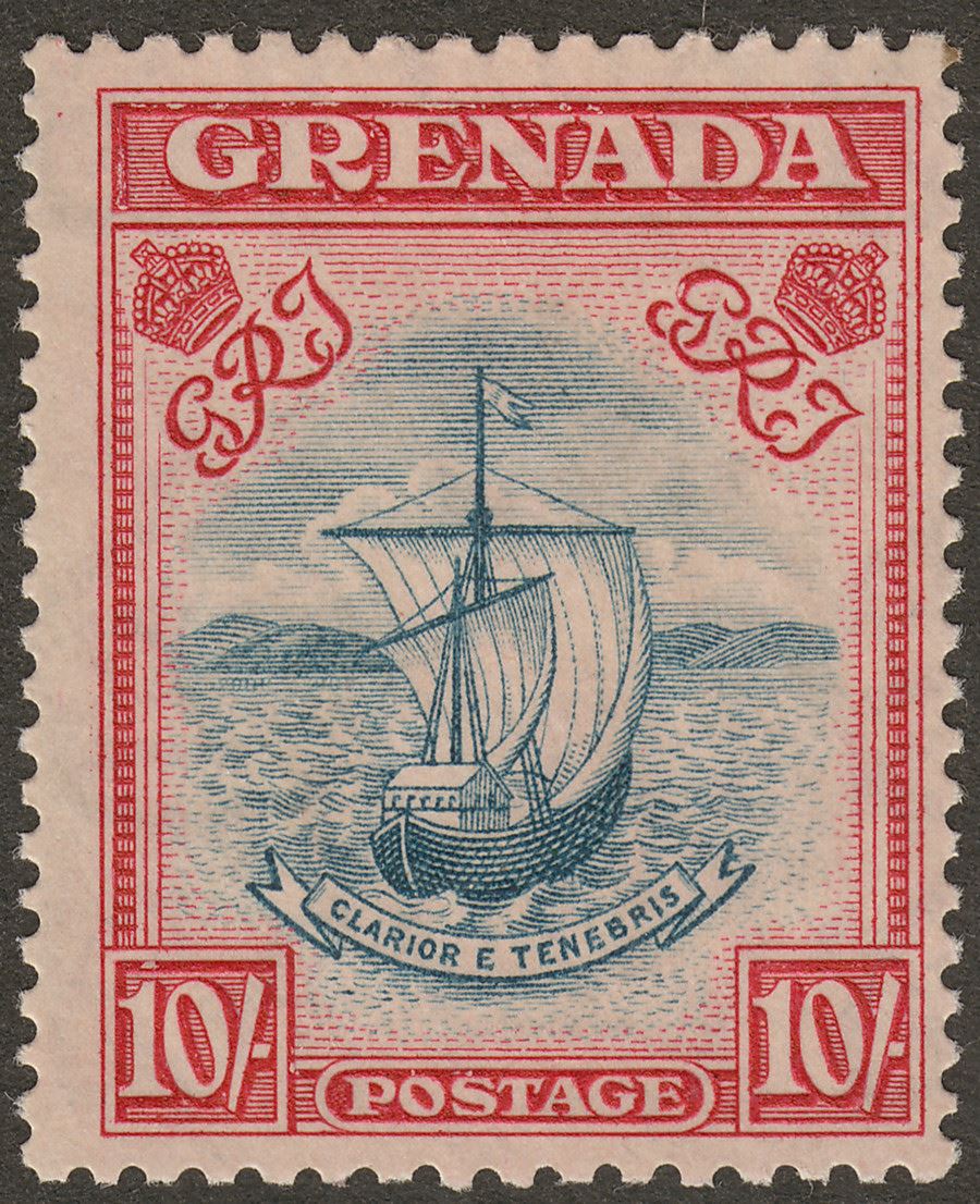 Grenada 1938 KGVI 10sh Steel Blue and Carmine p12x13 Mint SG163