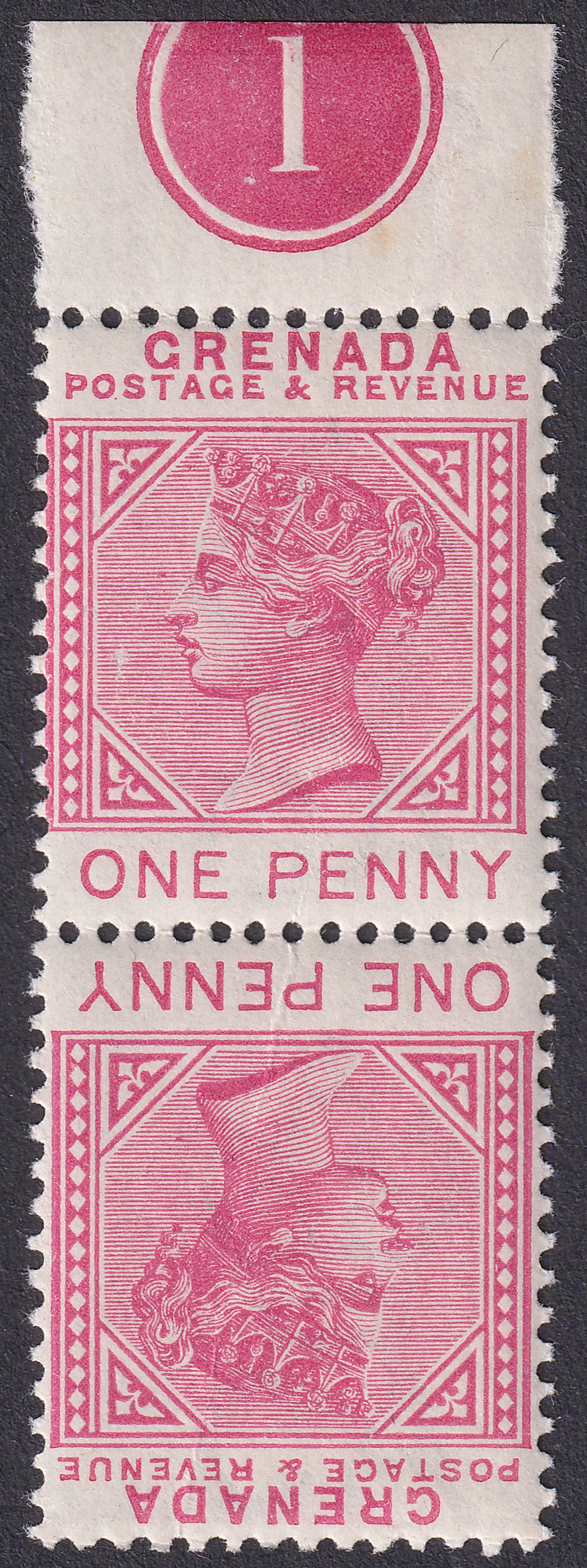 Grenada 1887 QV 1d Carmine Plate 1 Tete-Beche Pair Mint SG40a cat £12