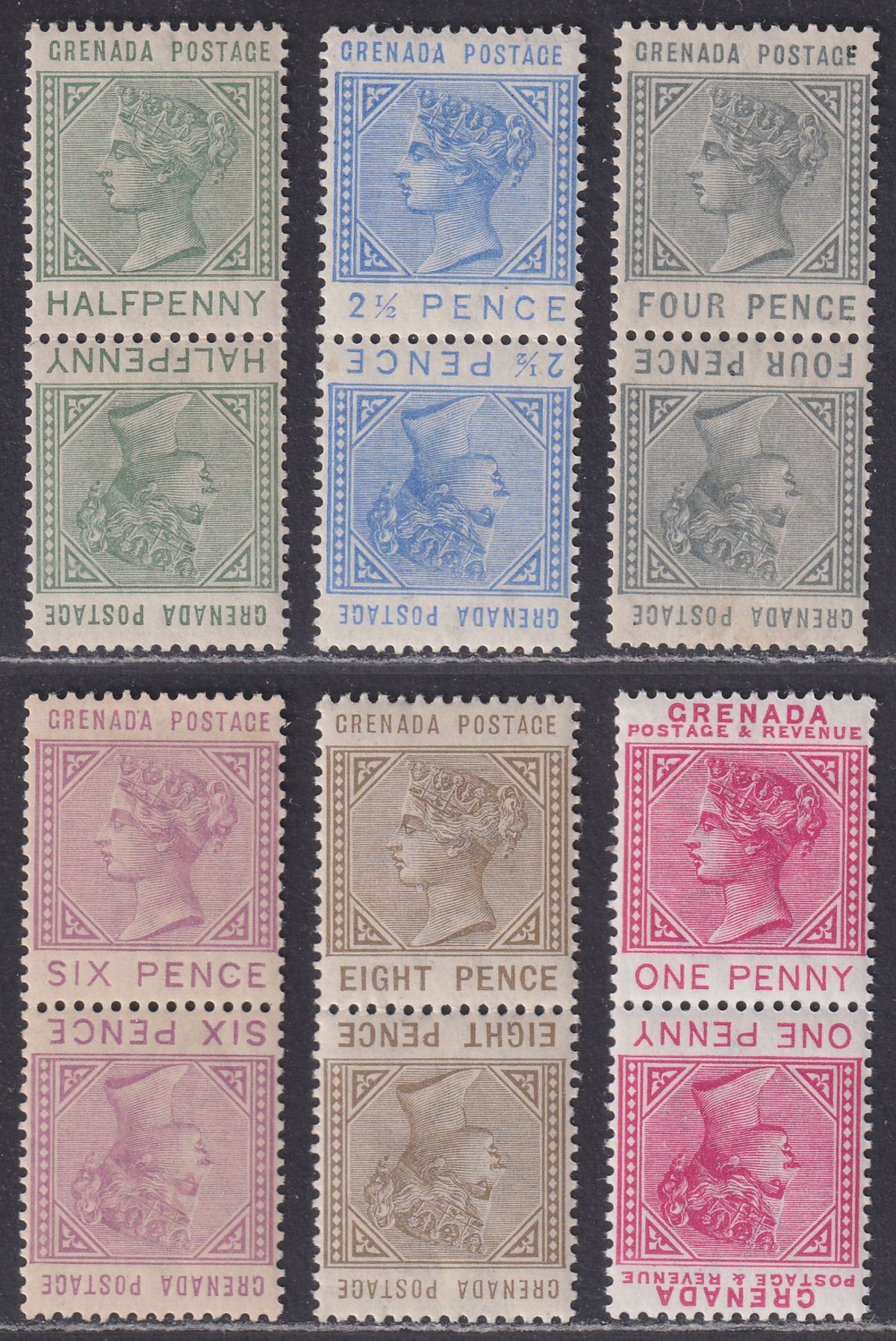 Grenada 1883-87 QV Tete-Beche Pair Selection to 8d Mint