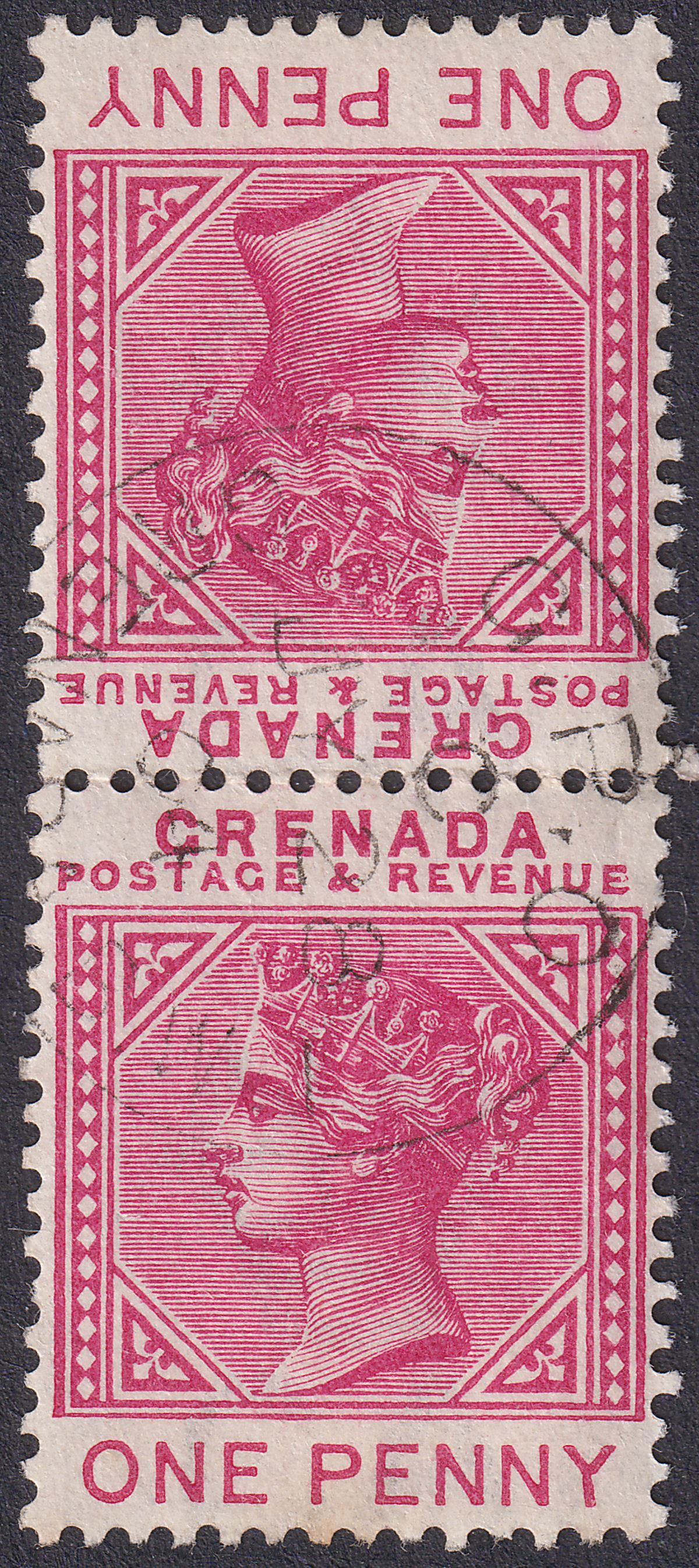 Grenada 1887 Queen Victoria 1d Carmine Tete-Beche Pair Used SG40a cat £30