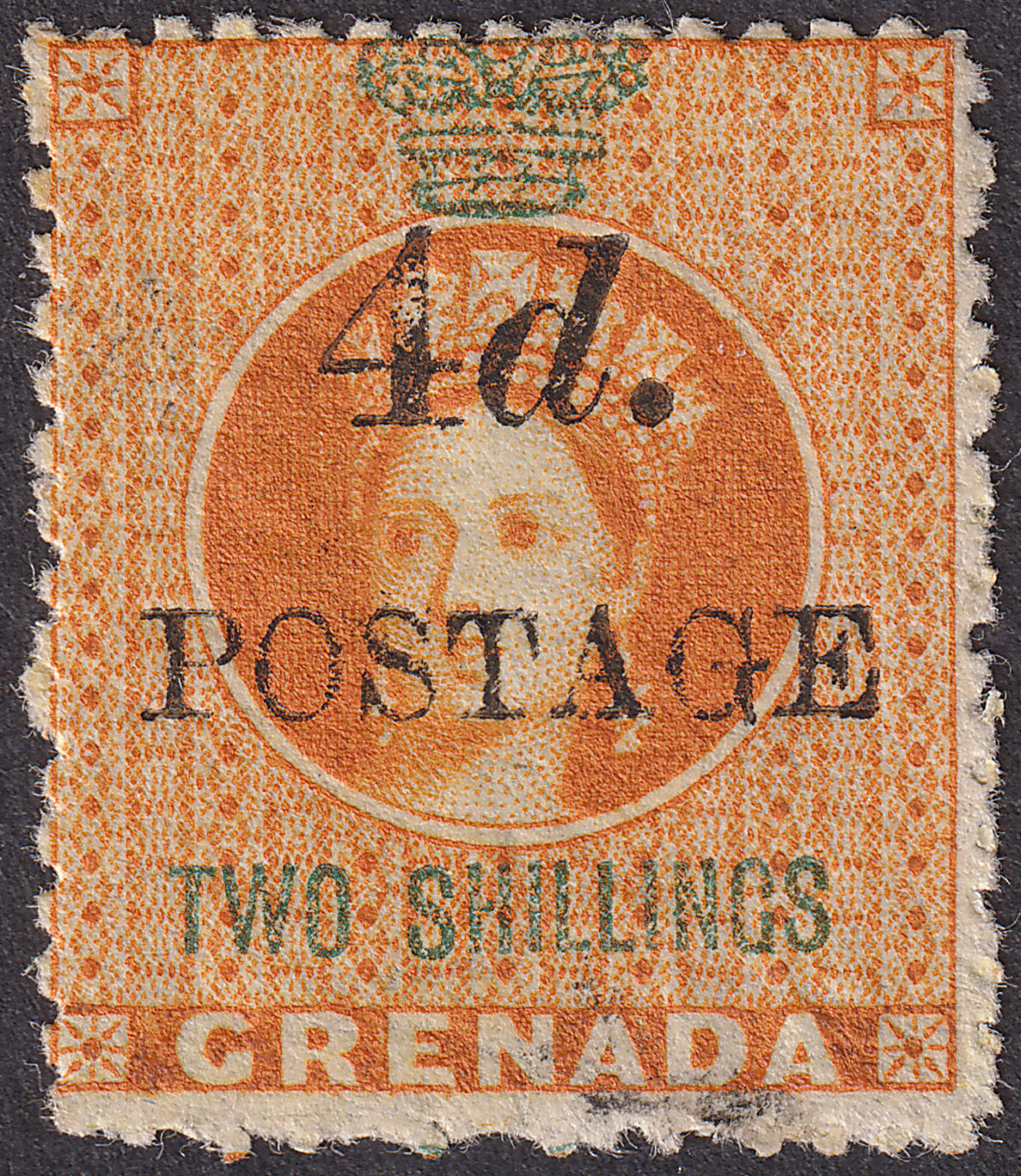 Grenada 1888 QV 4d Surcharge on Revenue 2sh Orange Mint SG41 cat £55 4mm spacing